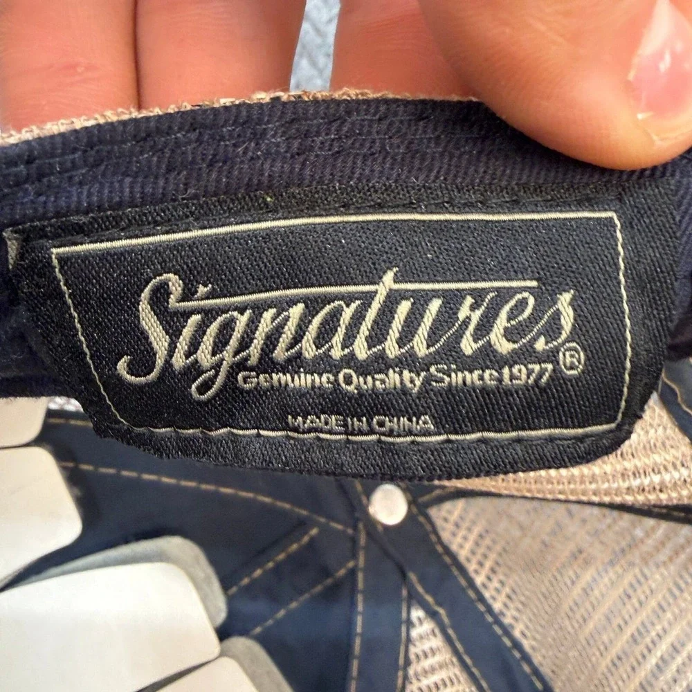 Signatures USA Flag Eagle Trucker Hat Navy Blue Tan Mesh Snapback Cap